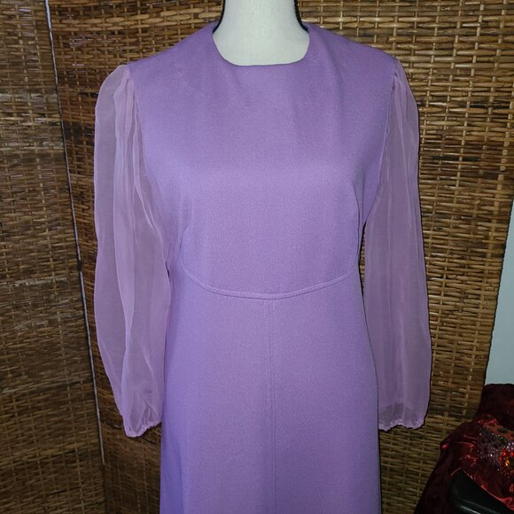 Vintage Hand Made Maxi Dress Lilac Sheer Puffy Sleeve Zipper Back - Picture 2 of 5